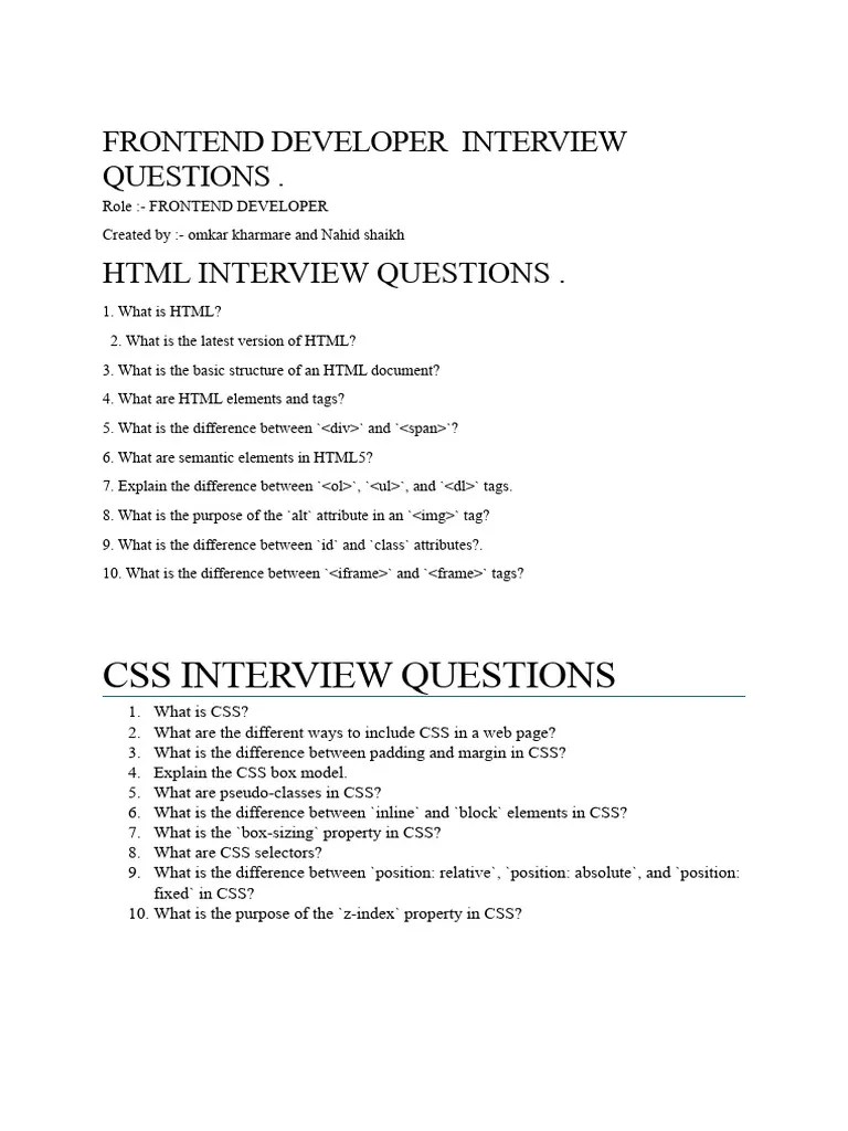Frontend Development Interview Question | PDF | Html Element | Java Script