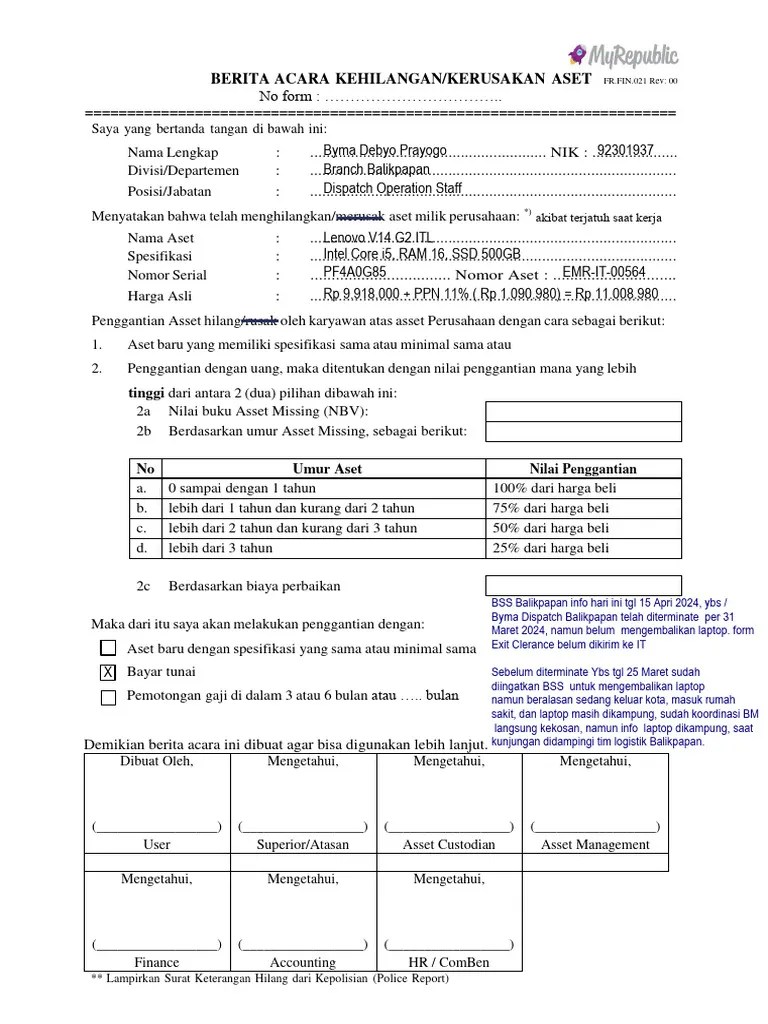 Form - Berita Acara Kehilangan Assets (Rev01) - Byma Debyo Prayogo | PDF