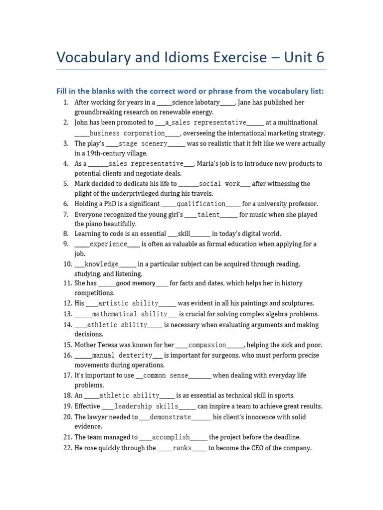 Vocabulary And Idioms Exercise-Unit-6 | PDF | Vocabulary | Learning