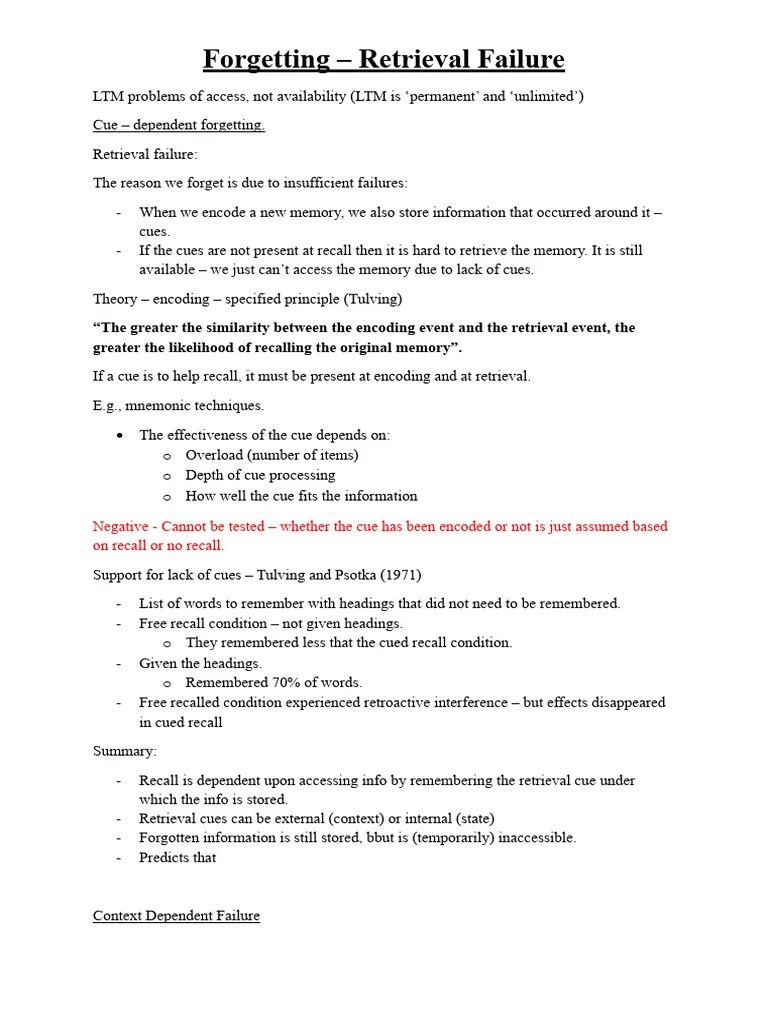 Forgetting - Retrieval Failure | PDF | Recall (Memory) | Brain