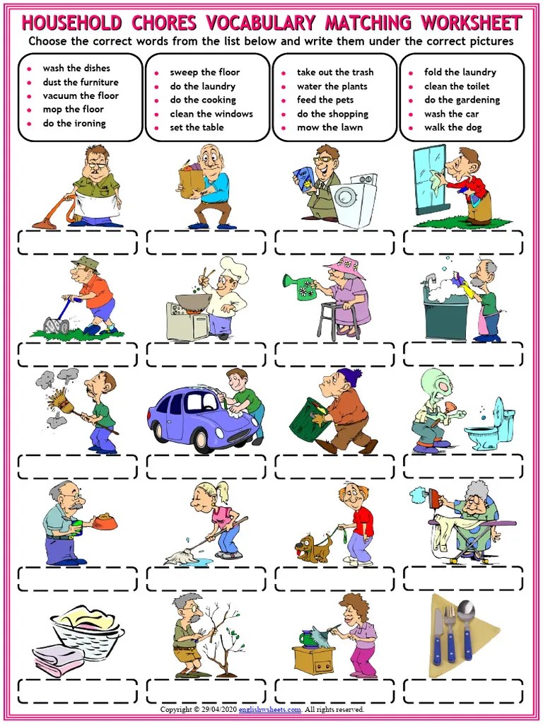 Household Chores Vocabulary Esl Matching Exercise Worksheet For Kids | PDF