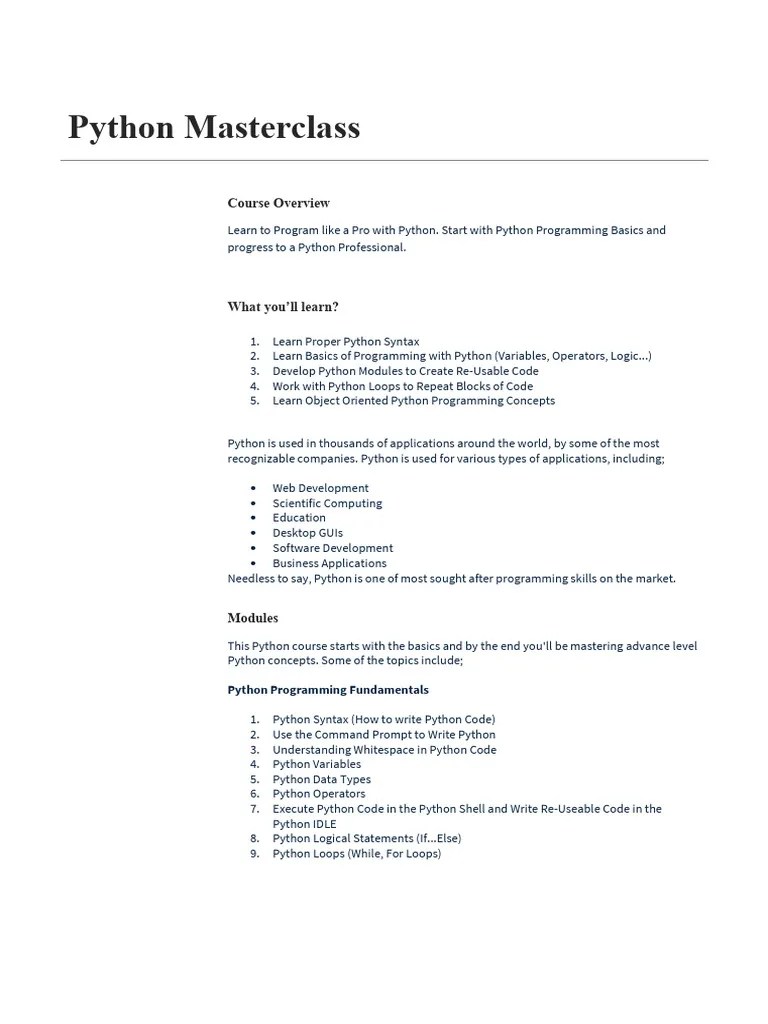 Python Programming Masterclass Guide | PDF | Python (Programming ...