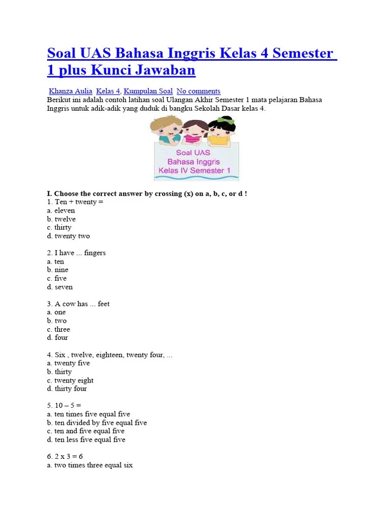 Soal UAS Bahasa Inggris Kelas 4 Semester 1 Plus Kunci Jawaban | PDF