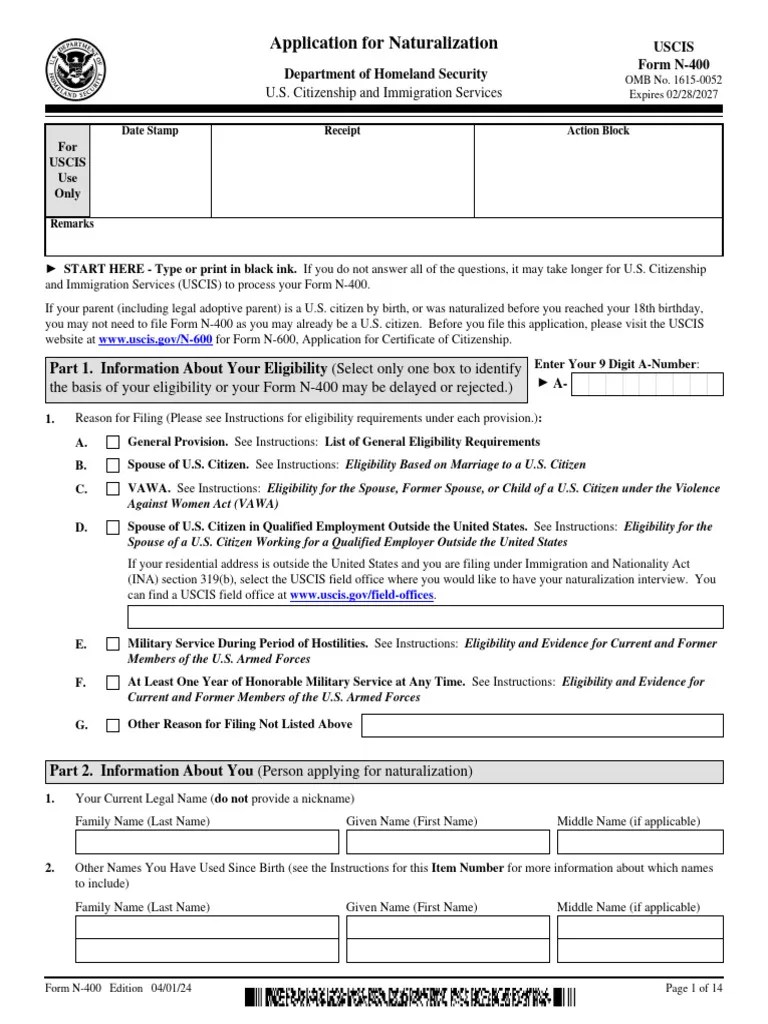 N-400 (US Naturalization Form) | Download Free PDF | Citizenship Of The ...