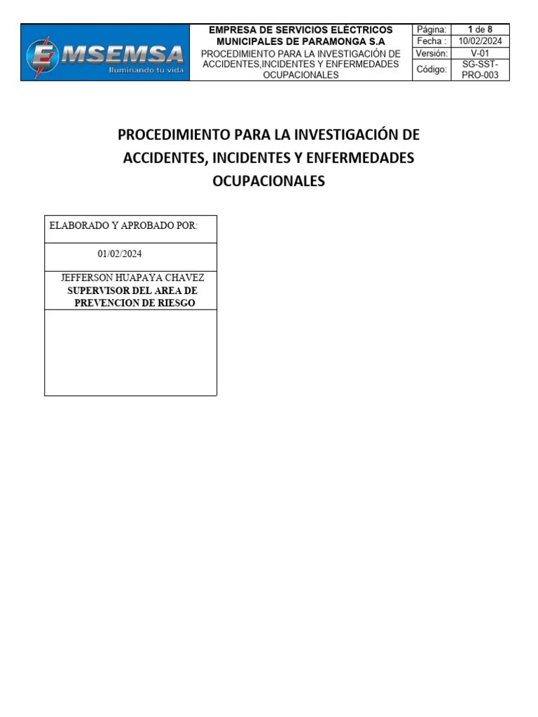 Procedimiento Para La Investigación De Accidentes, Incidentes Y Enfermedades Ocupacionales ...