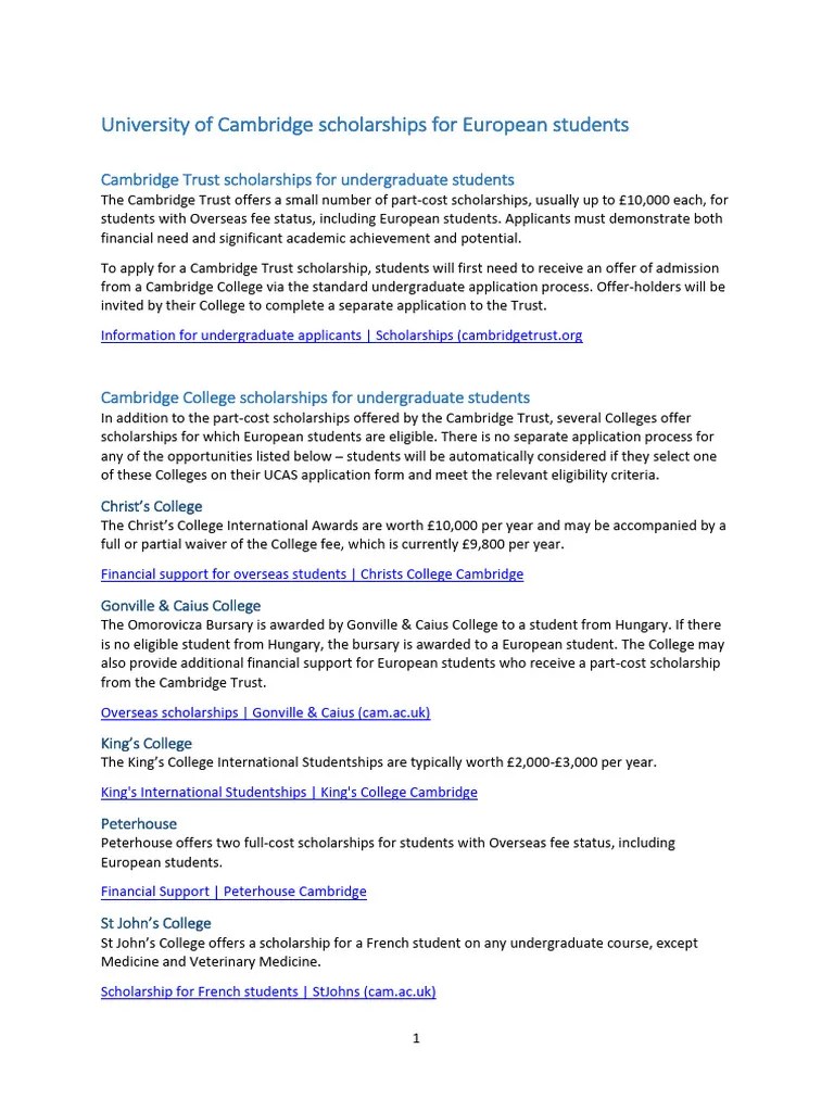 Cambridge Scholarships For European Students | PDF | University Of Cambridge | Postgraduate ...