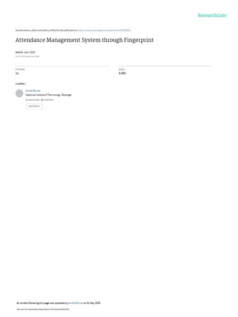 Attendance Management System Through Fingerprint1 | PDF | Fingerprint | Biometrics