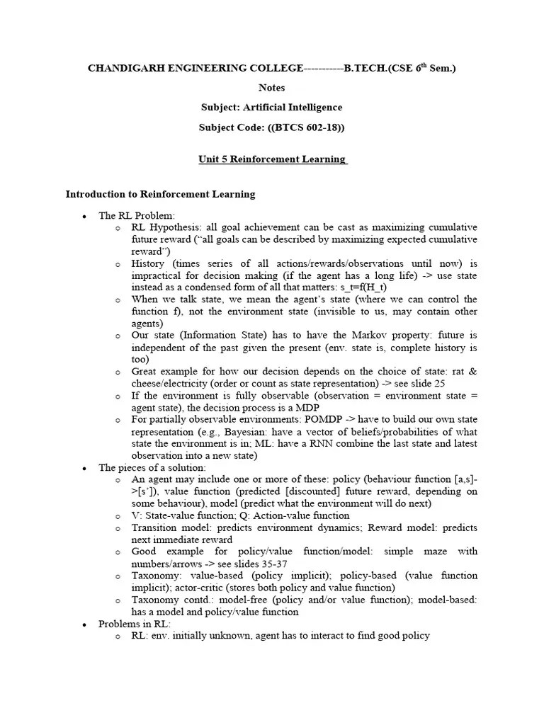 Unit 5 Reinforcement Learning Notes | PDF | Applied Mathematics ...