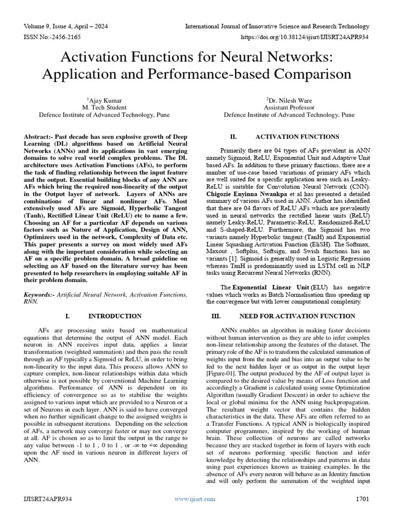 Activation Functions For Neural Networks: Application And Performance-Based Comparison ...