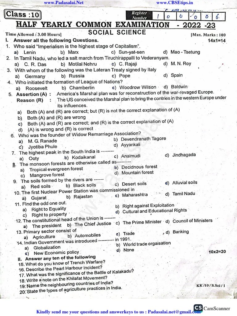 10th Social EM Half Yearly Exam 2022 Original Question Paper ...