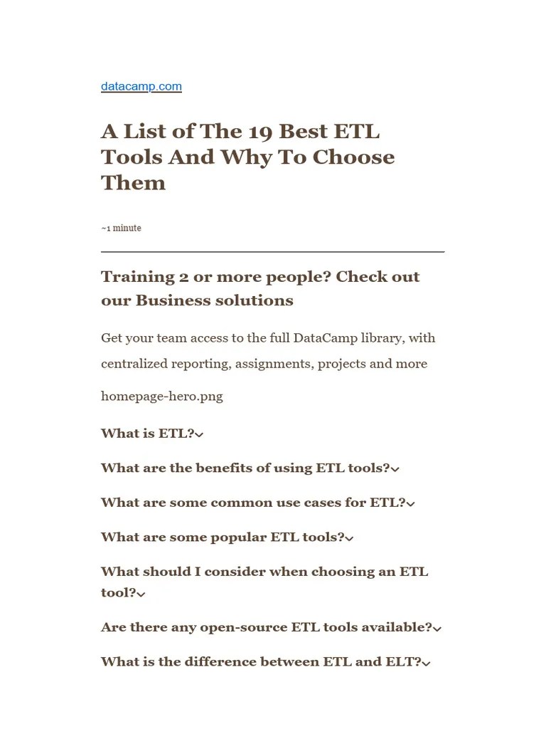 A List Of The 19 Best ETL Tools And Why To Choose Them DataCamp | PDF