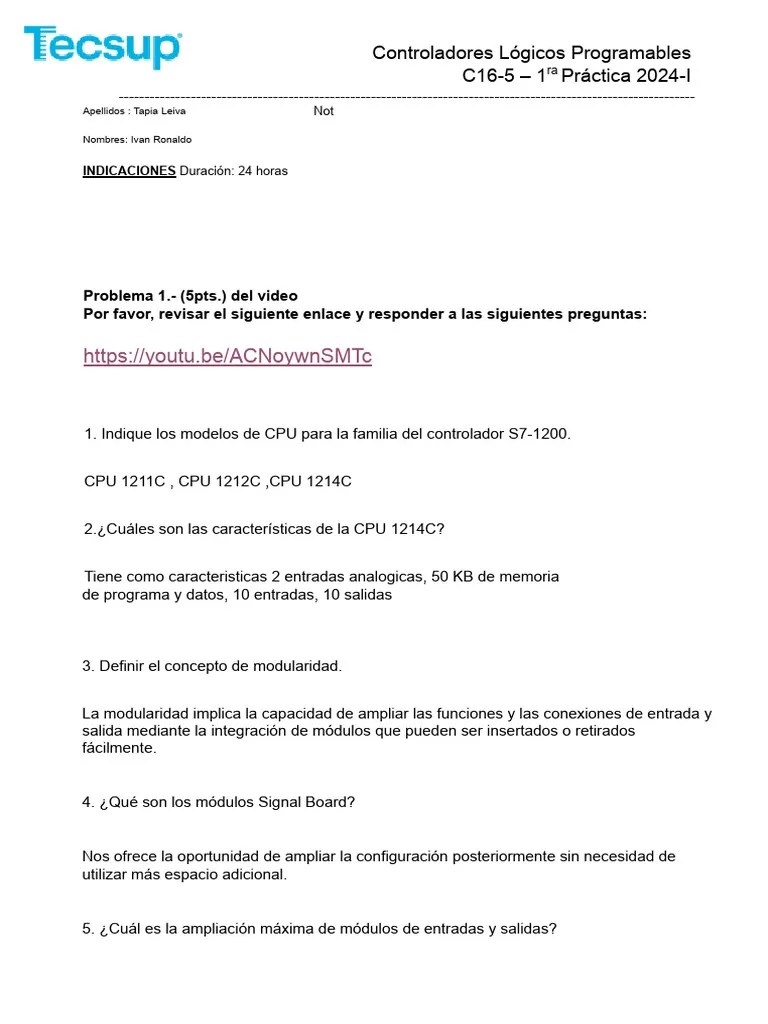 PLC Practica 1 2024-I C16-5 | Descargar Gratis PDF | Controlador Lógico Programable | Ciencias ...