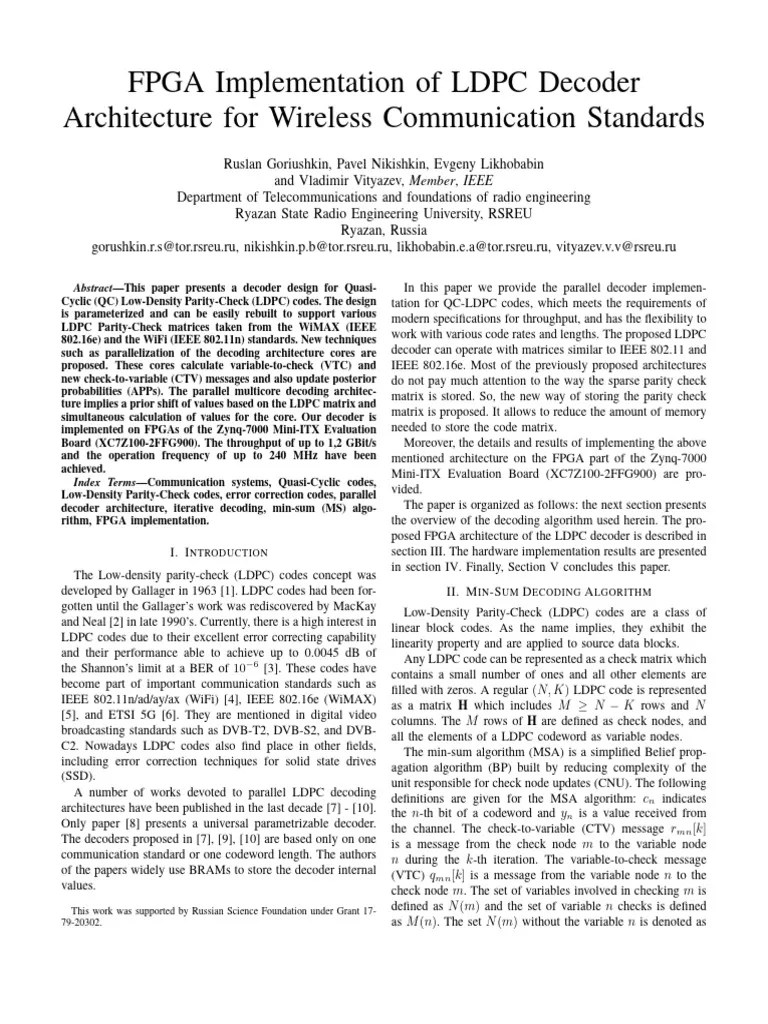 FPGA Implementation Of LDPC Decoder Architecture For Wireless ...