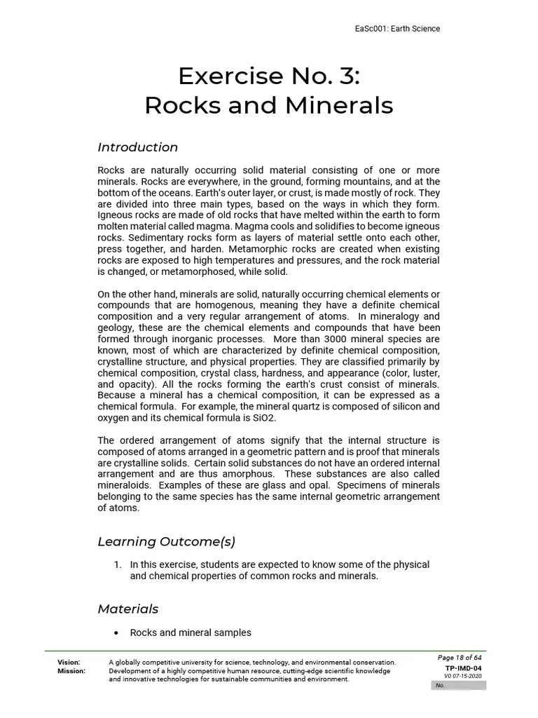 Laboratory Exercise 3 - Rocks And Minerals | PDF | Rock (Geology) | Minerals