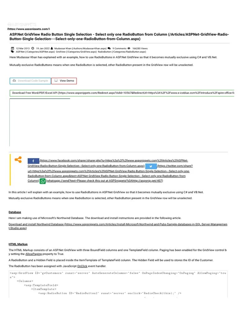 GridView Radio Button Single Selection - Select Only One RadioButton ...