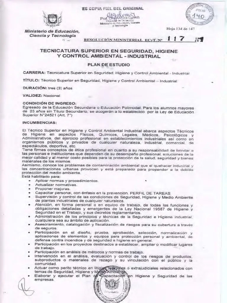 Res. Min. 117-14 - Tecnicatura Superior En Seguridad, Higiene Y Control Ambiental - Industrial | PDF