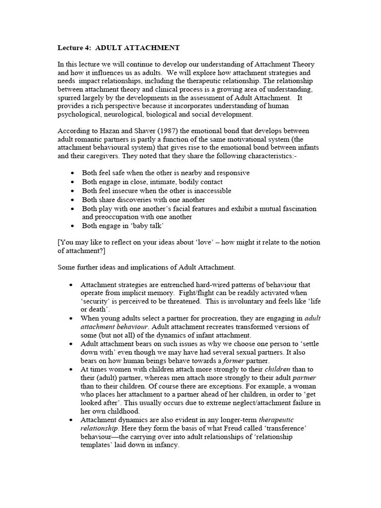 Lecture 4 Adult Attachment | Download Free PDF | Attachment Theory | Psychotherapy