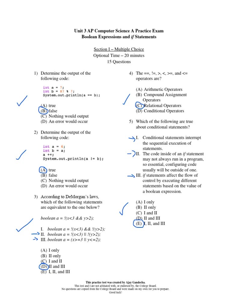 Unit 3 AP Computer Science Practice Exam | PDF | Boolean Data Type | Mathematical Logic