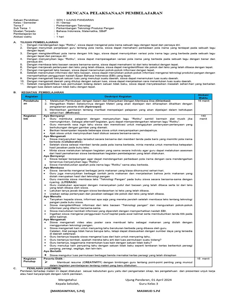 RPP 1 Lembar Kelas 3 Tema 7 | PDF