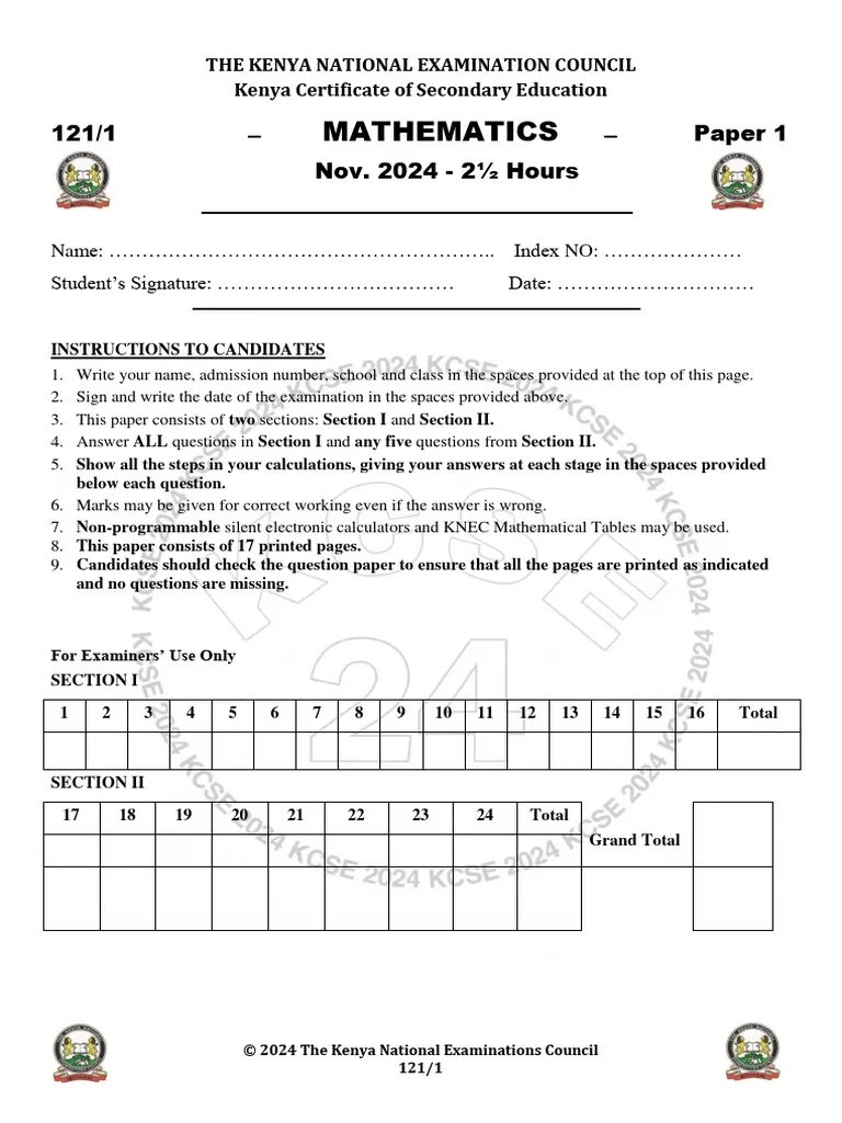 KCSE 2024 MATH PP1 QS - CODE 01  PDF  Acceleration  Circle.