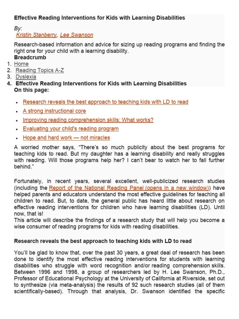 Effective Reading Interventions For Kids With Learning Disabilities | PDF | Phonics | Reading ...