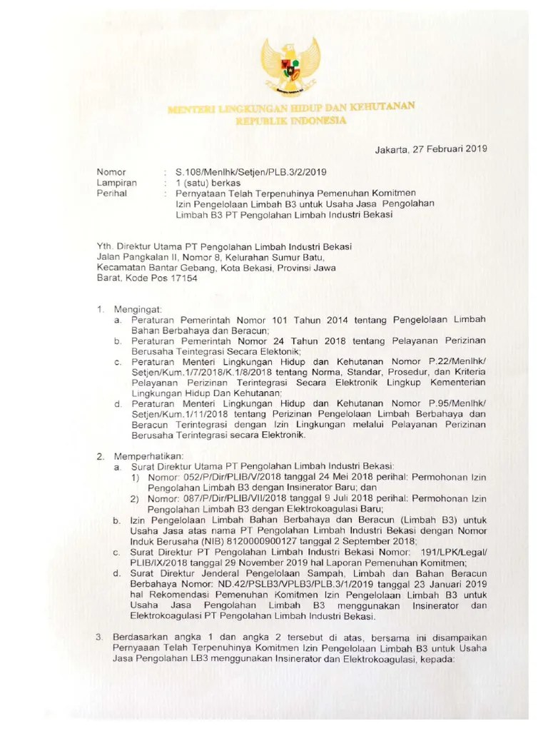 (A.1) S. 108 Izin Pengolahan Limbah B3 Dengan Metode Elektrokoagulasi Dan Insinerasi | PDF