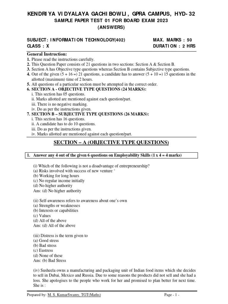 Information Technology 402 Class X Sample Paper Test 01 For Board Exam ...