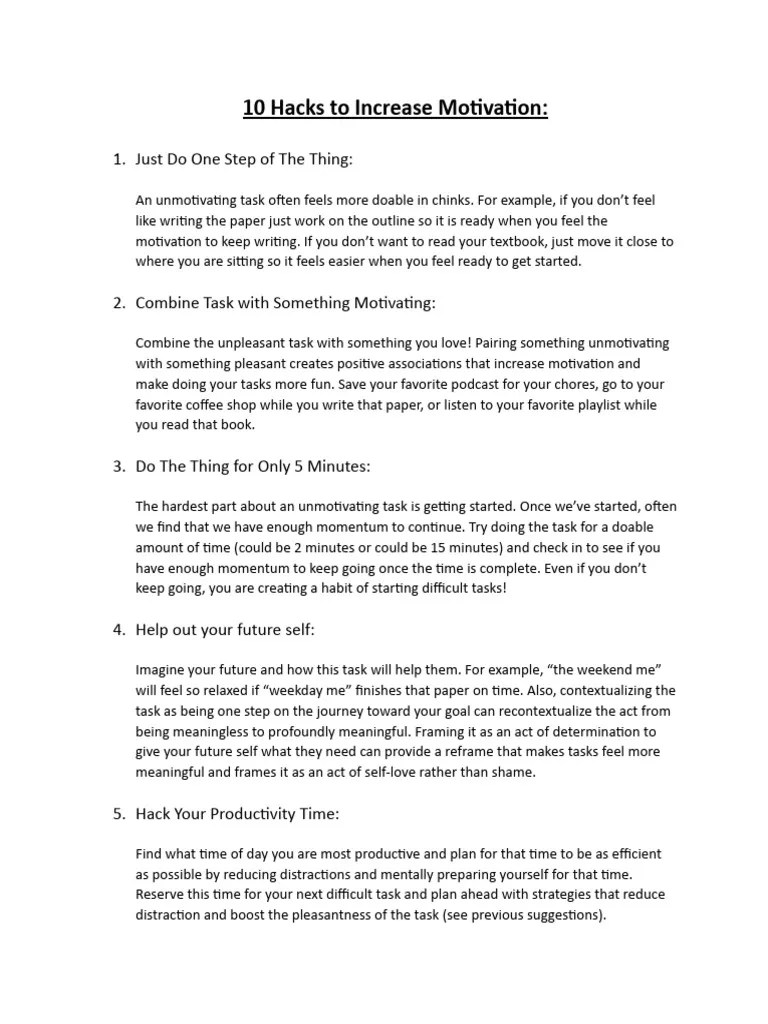 10 Hacks To Increase Motivation | PDF | Motivation | Motivational