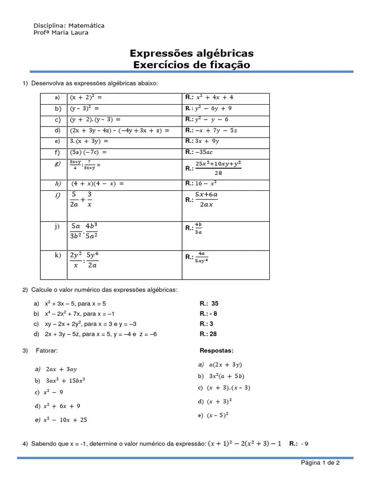 3 Mat_expressões Algébricas_exercícios De Fixação | PDF | Metalógica | Lógica