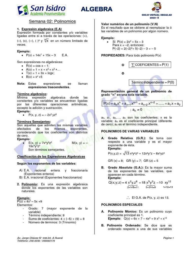 Semana 02 Algebra Polinomios Ac. San Isidro 2020 II | PDF | Polinomio | Variable (Matemáticas)