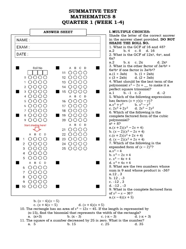 Math 8 Summative Q1 | PDF | Factorization | Mathematical Objects