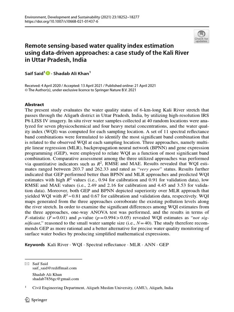 Remote Sensing Based Water Quality Index Estimation Using Data Driven ...
