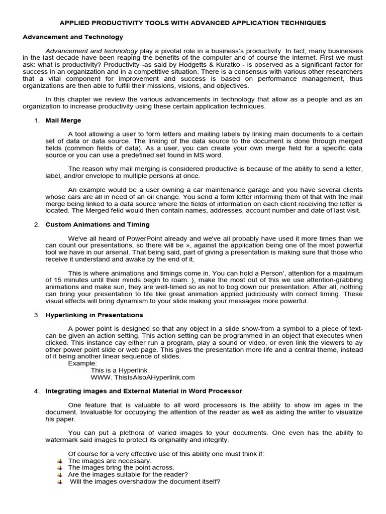 APPLIED PRODUCTIVITY TOOLS WITH ADVANCED APPLICATION TECHNIQUES | PDF ...