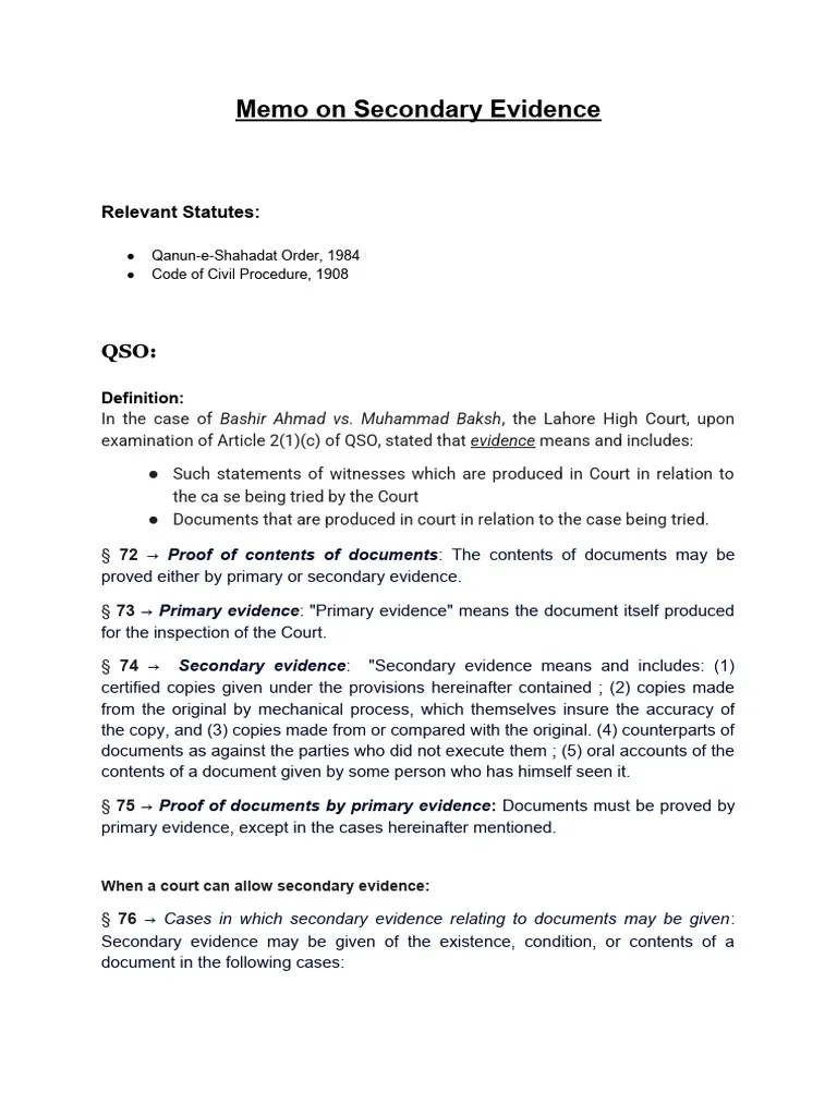 Memo On Secondary Evidence Second | PDF | Lawsuit | Evidence
