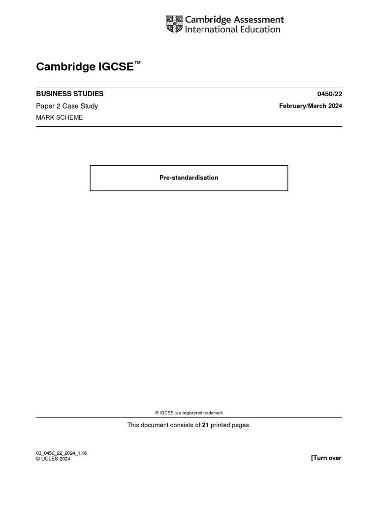 Business Studies Paper 1 Feb/ March Marking Scheme Cambridge Exam O ...