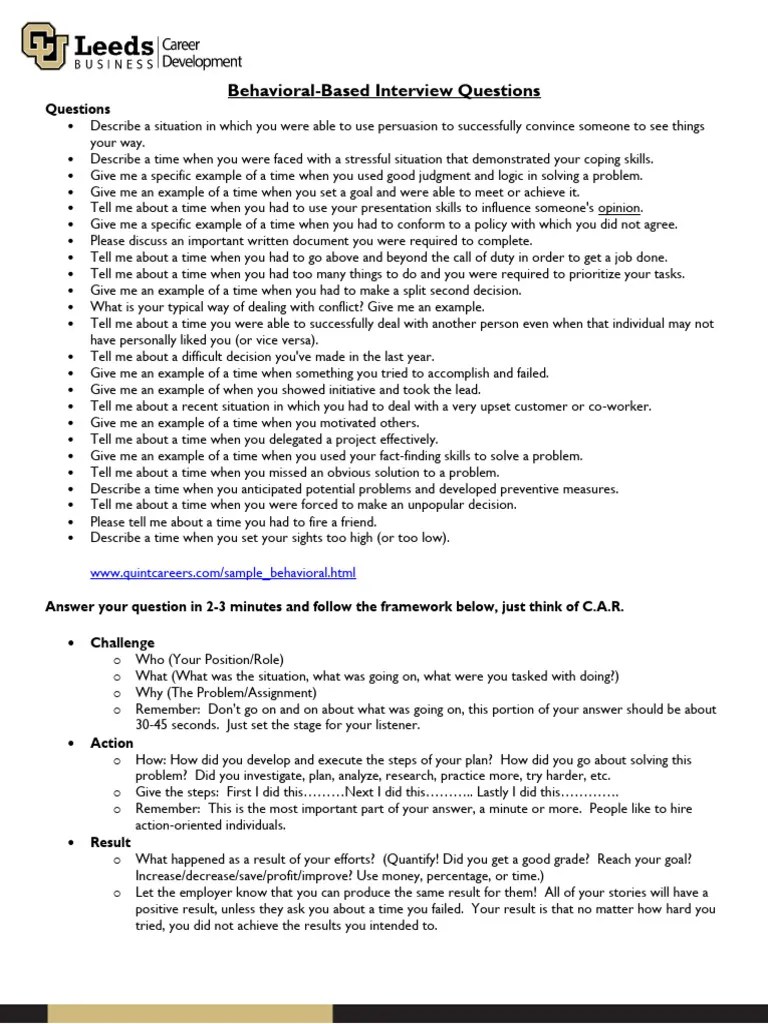 Behavioral Based Interview Questions | PDF | Persuasion | Cognitive Science