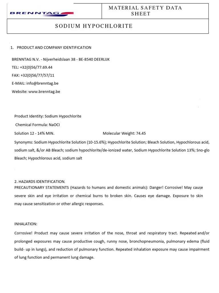 Sds Sodium Hypochlorite Brenntag Pdf Pdf Ammonium Chlorine