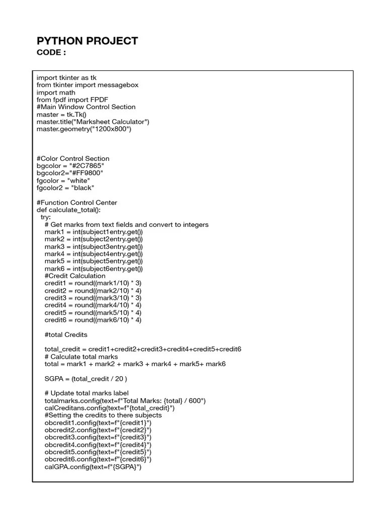 PYTHON PROJECT - Marksheet Calculator | PDF | Computer Programming ...