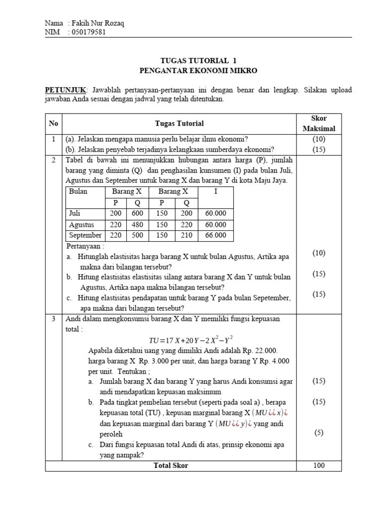 Tugas. 1 Pengantar Ekonomi Mikro | PDF