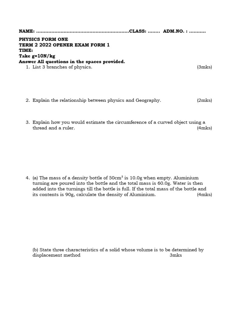 Physics Exam For Form One Students | PDF | Weight | Density
