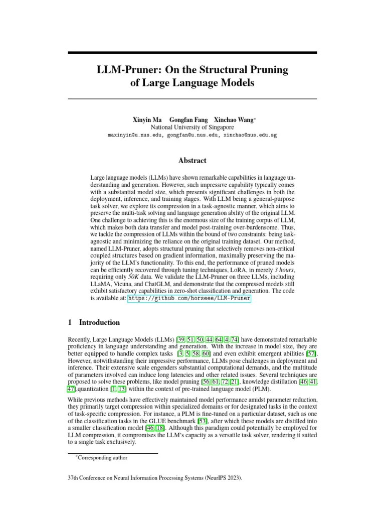 NeurIPS 2023 LLM Pruner On The Structural Pruning Of Large Language ...