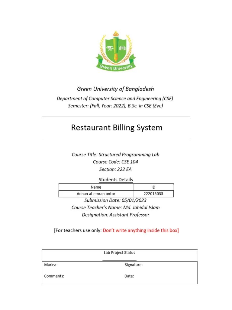 Restaurant - Billing - System - Project - Detailes - Adnan Al Emran ...