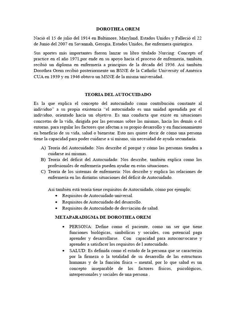 TEORIA DEL AUTOCUIDADO - DOROTHEA OREM 1 | PDF | Sicología | Ciencias ...