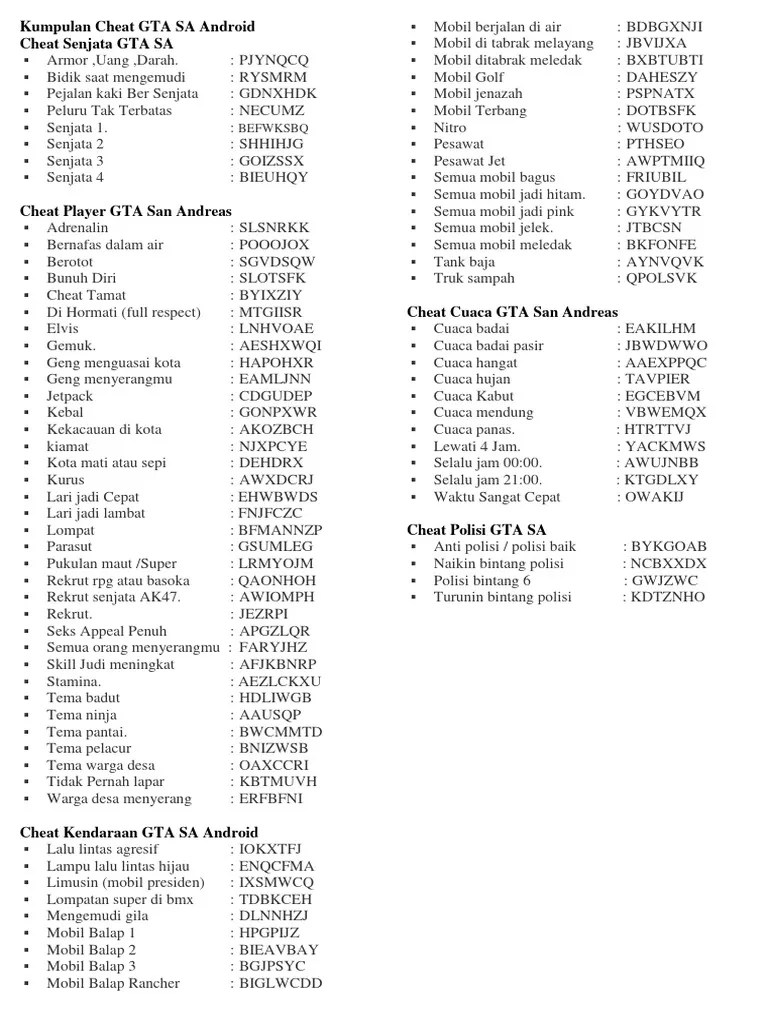 Kumpulan Cheat GTA SA Android | PDF