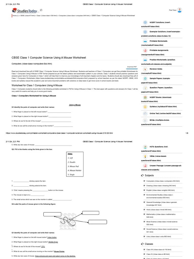 CBSE Class 1 Computer Science Using A Mouse Worksheet | PDF | Multiple ...