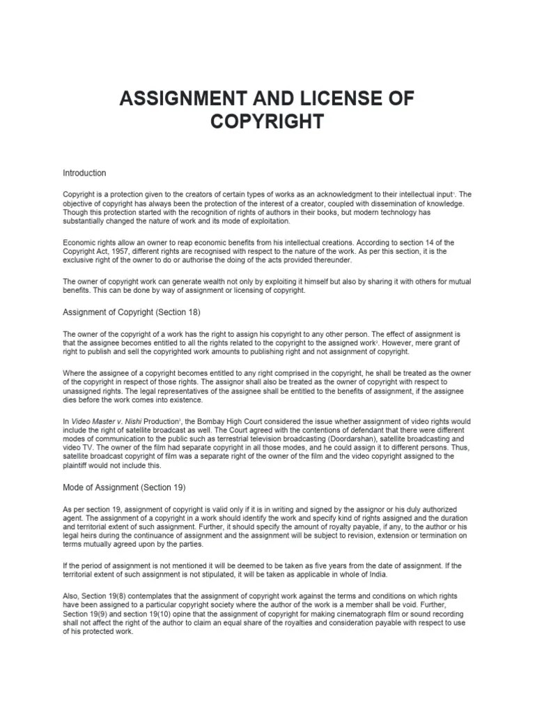 Assignment And License Of Copyright | Download Free PDF | License | Copyright