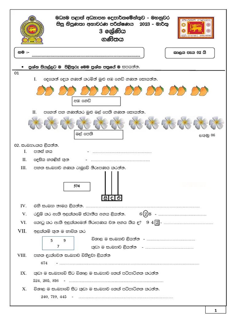 Grade 03 Maths First Term Test Paper 2023 Central Province | PDF