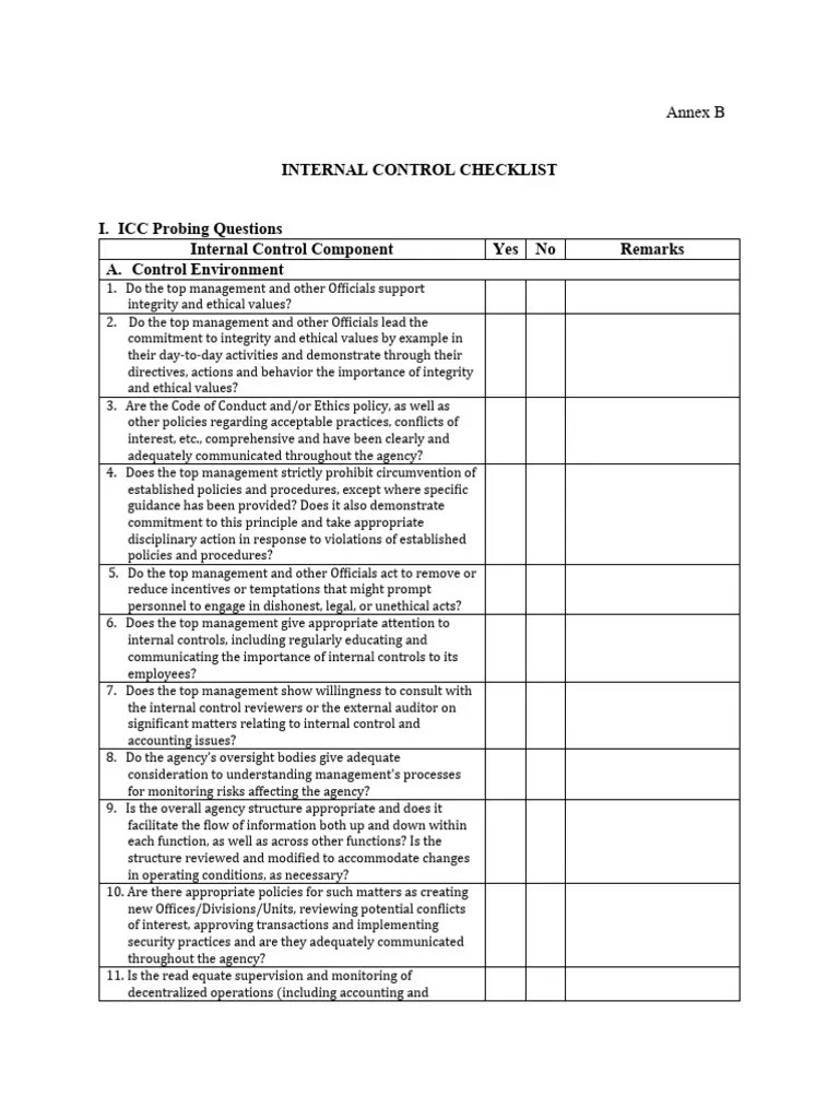 Internal Control Checklist | Download Free PDF | Internal Control | Audit