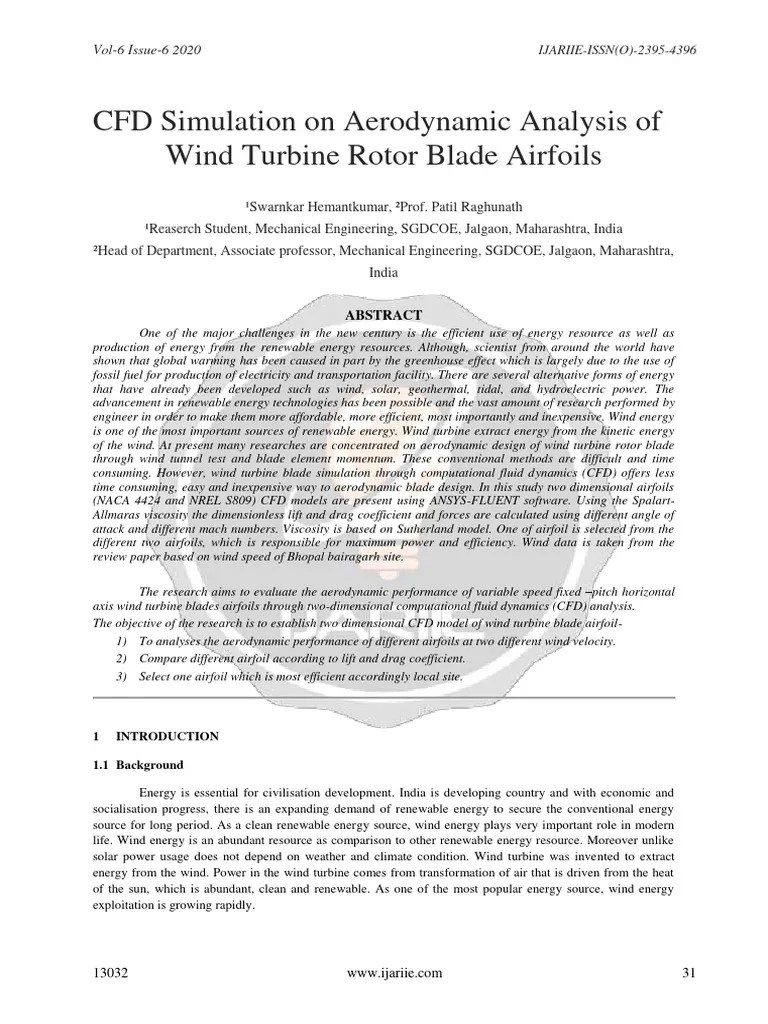 CFD Simulation On Aerodynamic Analysis Of Wind Turbine Rotor Blade Airfoils Ijariie13032 | PDF ...