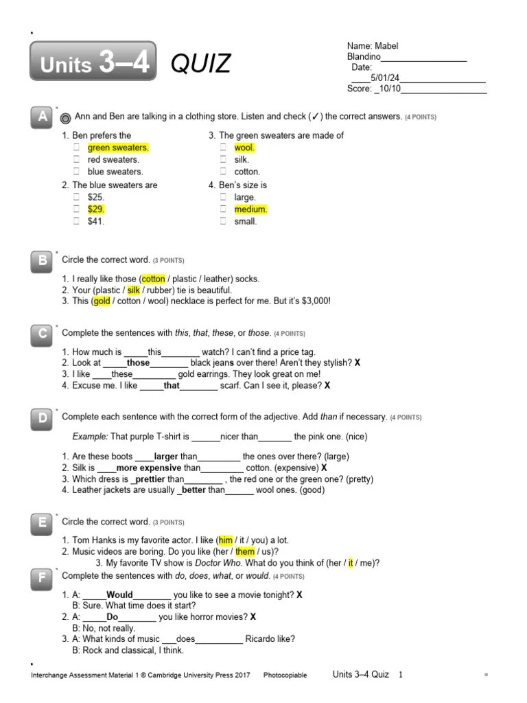 Interchange 1 5TH Edition Quiz Units 3 4 | PDF | Clothing | Fashion
